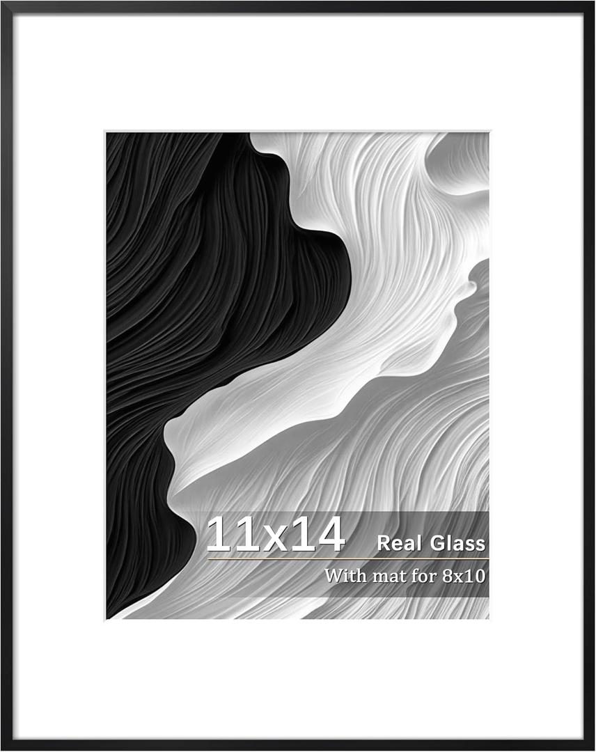 11x14 Metal Picture Frame-Tempered Real Glass, Aluminum 8x10 Picture frame with Mat - Black Backboard, Wall Hanging Photo Frame for Home Dcor, Black