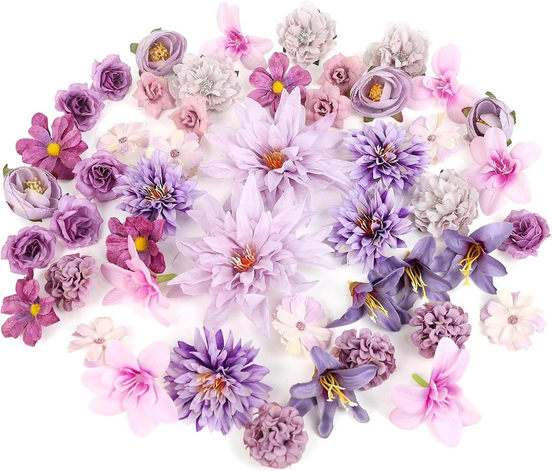 LACGO 48 PCS Artificial Flowers Heads, Fake Daisy Heads Bulk Silk Faux Rose DIY Cake Decor Blossom Garland Wreath Bouquets Crafts for Halloween Wedding Bridal Baby Shower Home Party Decoration (Purple)