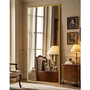 Full Length Standing Mirror,Large Floor Mirror with Aluminum Frame for Bedroom, Bathroom, Living Room,Wall Mount or Freestanding Design(with Stand,Rect 75x35-Gold)