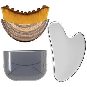 Stainless Steel Gua Sha Tool & Lymphatic Drainage Face Brush Set, TWPER Facial Massage Kit for Jawline Sculpting Puffiness Lifting Relaxation, Contour Face Brush with Storage Case