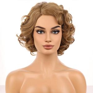 BERON Light Brown Wigs Women Girls Short Curly Bob Wig Side Part Synthetic Hair Wig Halloween Costume for Cosplay Party or Daily Use (Strawberry Blonde)