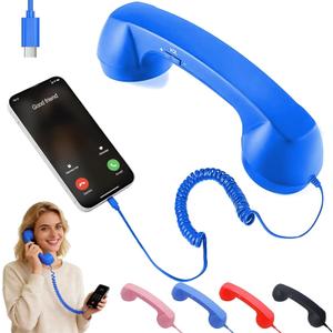 Retro Handset for Mobile Phones Classic Wired Phone Handset with Type-C Connector, Vintage Landline for iPhone, Android, Smartphone, Call Receiver, Comfortable Grip, Stylish Phone Accessory (Blue)
