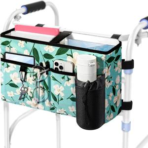 Rhino Valley Walker Bag, Secure Fit Walker Basket with Cup Holder, Large Capacity Foldable Walker Accessories for Seniors, Detachable Folding Walker Pouch Organizer for Older Elderly Gifts, Lily (Open)