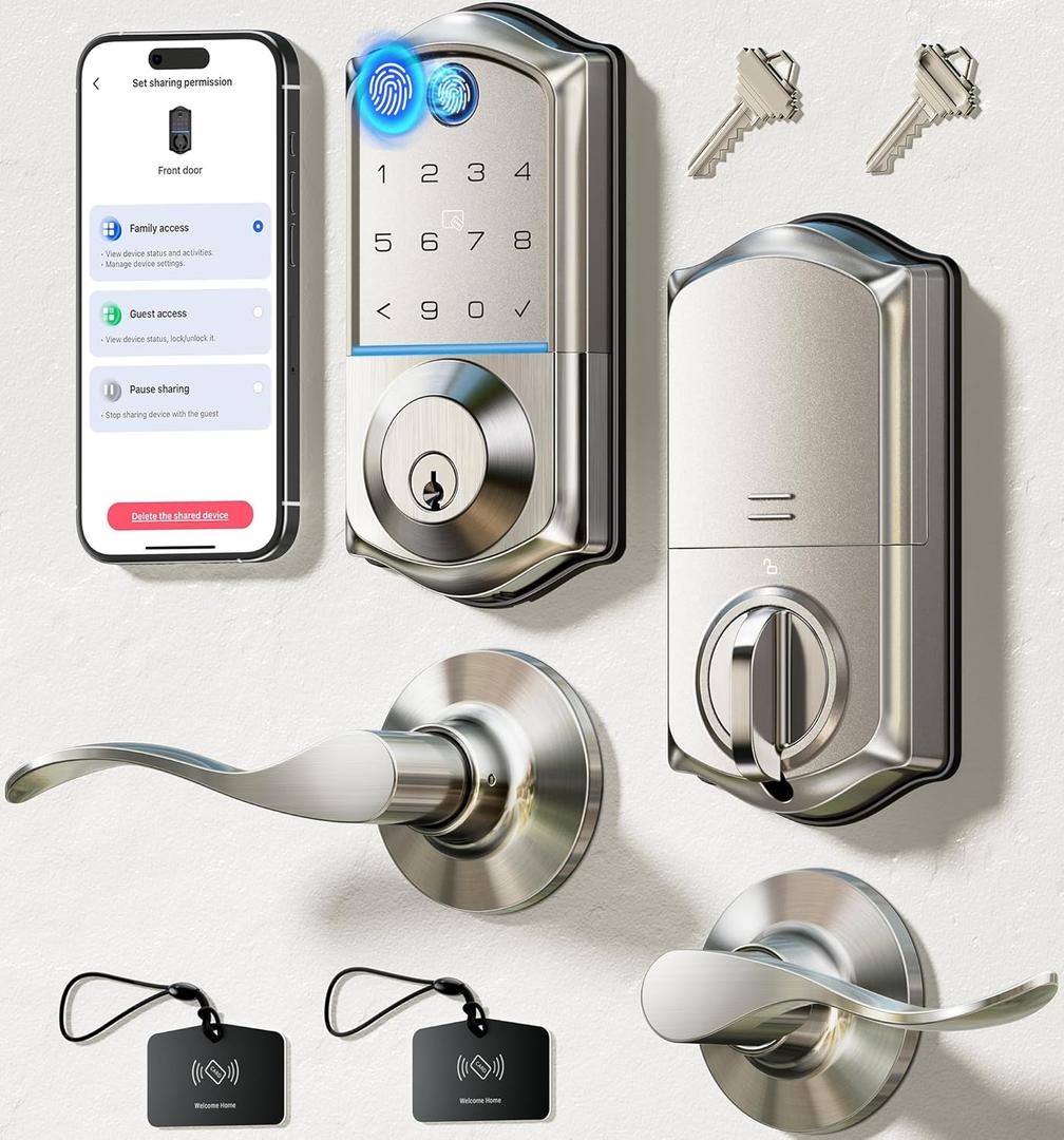 Veise VE017-L Fingerprint Smart Lock with Lever Handles, App Control, Keyless Entry Front Door Lock Set, Electronic Digital Keypad Deadbolt, Remote Grant, Emergency Power Port, Auto Lock, Satin Nickel