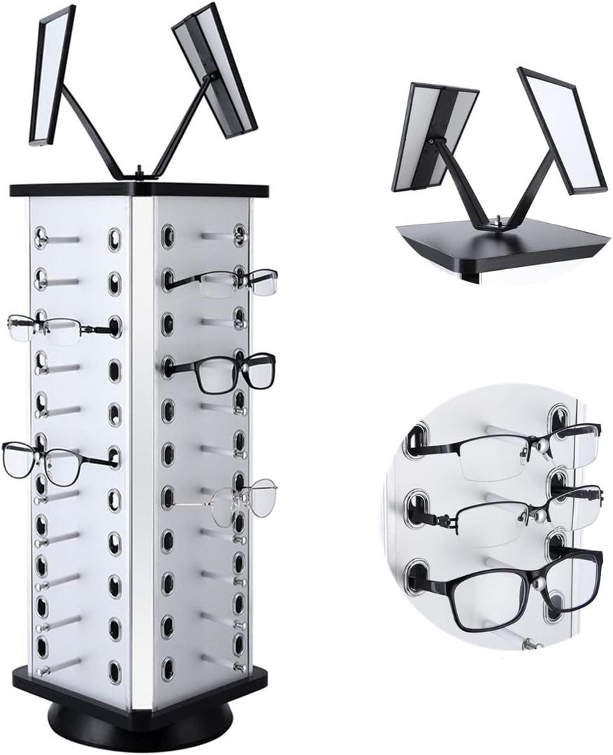 VARIPOWDER Upgrade Rotating Glasses Display Stand Sunglasses Holder Organizer Rack Eyeglass Turning Commercial Display Stand with Mirror for 44 Pairs of Glasses (Square)