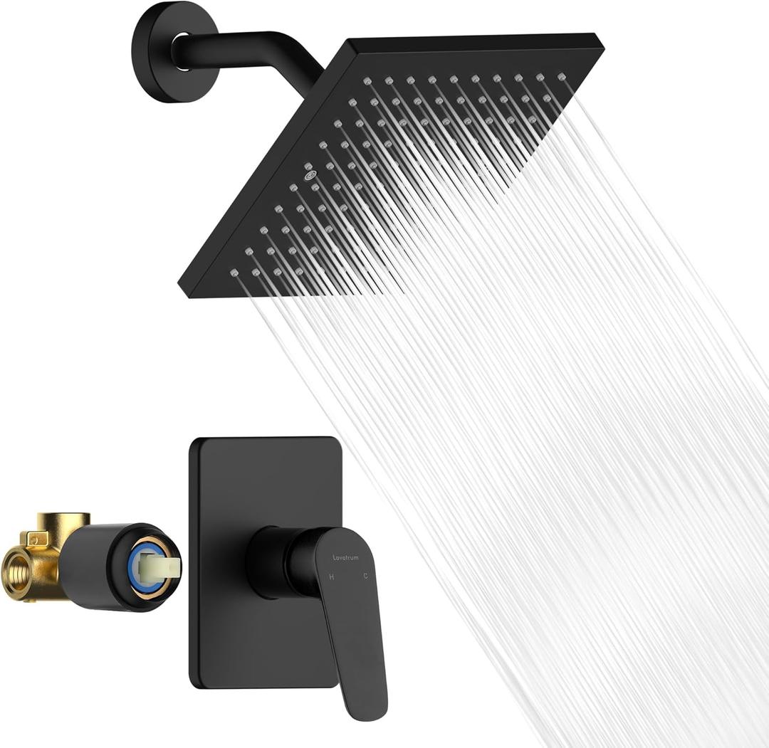 Premium Shower Head And Valve Set Wall Mount 8 Inch Rainfall Square Shower Faucet Single Spray with Rough-in Valve and Trim Kit for Bathroom(Matte Black)