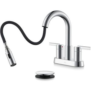KENES Chrome Centerset Bathroom Faucet with Pull Down Sprayer, 4 Inch 2 Handle Pull Out Bathroom Faucet 3 Hole, Bathroom Sink Faucet with Pop Up Drain & Supply Lines LJ-9069-5