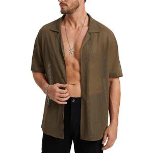HISDERN Mens Sheer Shirts Brown Short Sleeve Casual See Through Lace Shirt Collared Fishnet Beach Mesh Shirt Men's Summer Button Down Sexy Top (L)