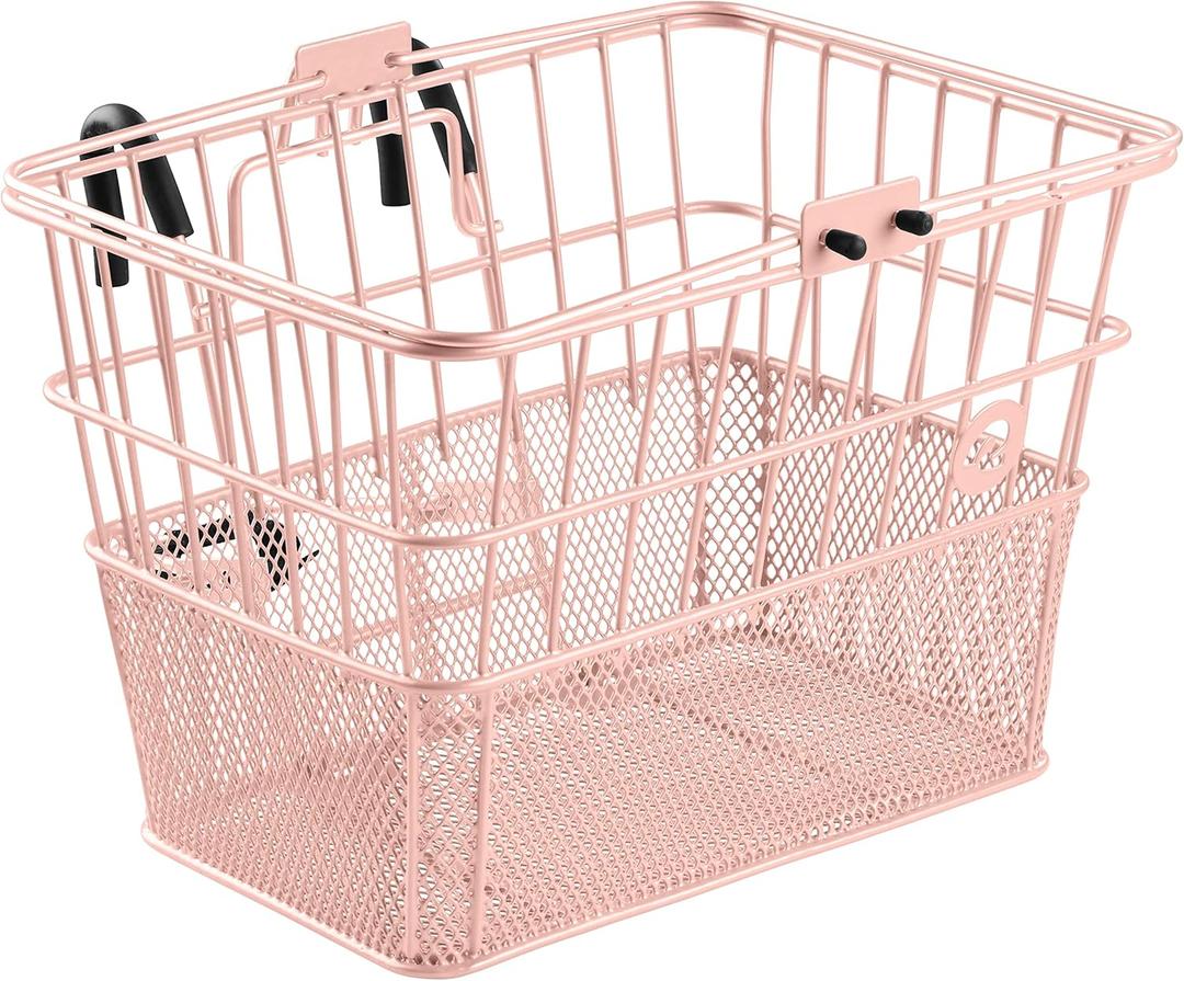 Retrospec Apollo Detachable Front Bike Basket Steel Half-Mesh with Integrated Detachable Hooks and Built-In Handle, Easy Assembly and Portability for Bicycles (Blush)