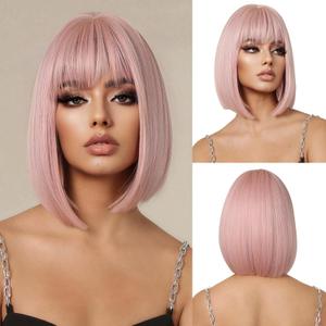 Pink Bob Wigs for Women Short Straight Wig with Bangs Synthetic Hair Heat Resistant Wigs for Daily Party Cosplay Wear (Pink(1059-1))