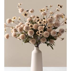 HyeFlora Fake Kiku Flowers, Faux Silk Pompon Mums Artificial Flowers, Chrysanthemum Stems Floral Arrangement Dried Flowers Vintage Decorative, (Vase not Included), 8pcs-beige Wax&kiku
