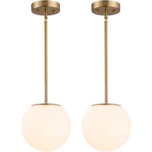 Modern Globe Pendant Light Large Mid Century, Shatterproof Acrylic Opal Shade, Gold Finish, 2-Light, Adjustable Height for Sloped Ceilings, Hanging Lamp for Kitchen Island Dining Room Hallway, 2 PACK-1