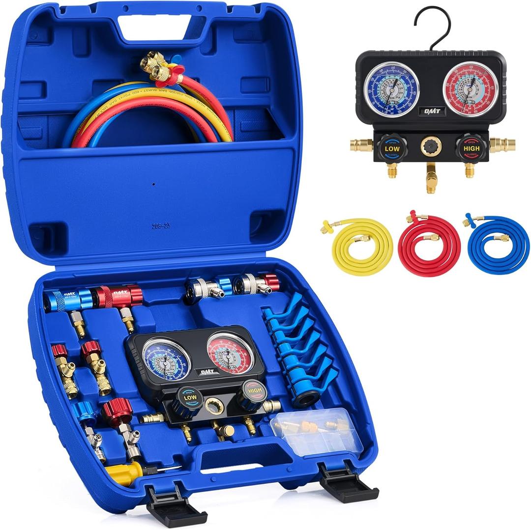 Orion Motor Tech AC Gauges, 3 Way Manifold Gauge Set for R1234yf R134a R410a Refrigerant, Automotive Gauge Set with Hoses Quick Couplers Self Sealing Can Taps for Car Freon Charging & Evacuation