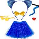Blue Cat Costume Cat Ears Fur Tail Blue Sequin Tutu Bowtie Cat Sunglasses Accessories Set for Halloween Cosplay Party Dress up