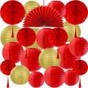 Winlyn 22 Pcs Chinese Lunar New Year Party Decorations Oriental Hanging Fans Red Gold Round Paper Lanterns Honeycomb Balls for Asian Chinese Vietnamese Tet The Year of Horse Home Wedding 2026 Decor