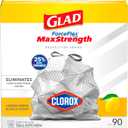 Glad ForceFlex MaxStrength with Clorox Trash Bags, 13 Gal, Lemon Fresh Bleach, 90 Ct, Pack May Vary (90 Count (Pack of 1))