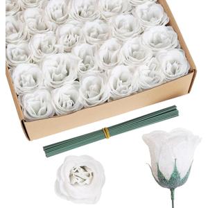Glitter Flowers,30PCS White Roses Artificial Roses with Stems for Wedding Bouquet Party Christmas Home Decor(White)