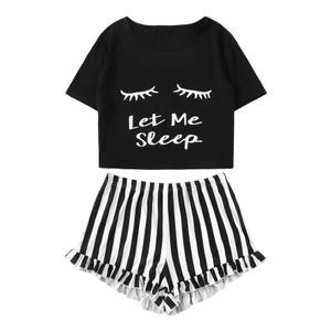 WDIRARA Women's 2 Piece Pajama Set Tee and Striped Shorts Cute Pjs Set Sleepwear Loungewear Outfits 3XL