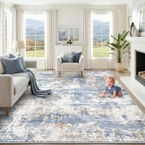 XLUEZ 9x12 Area Rug for Living Room, Washable Modern Abstract Large Area Rug Neutral Soft Non Slip Kids Rug Stain Resistant Indoor Carpet for Bedroom Dining Room Playroom Office(Blue, 9'x12')