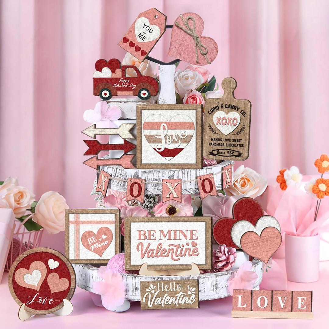 Yookeer 20 Pcs Vintage Valentine's Day Tiered Tray Decor Set, Rustic Farmhouse Wooden Mini Signs Love Heart Truck Cupid Candy Banner Tabletop Centerpiece Decorations for Home Kitchen Office Bar