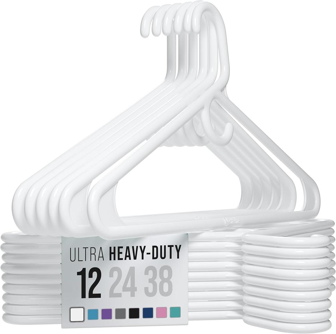 NEATERIZE Ultra Heavy Duty Plastic Clothes Hangers - White - Durable Coat, Suit and Clothes Hanger. Perchas De Ropa (12 Pack - White) (White)