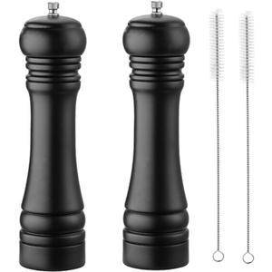 Black Set Salt Pepper Mill, Wooden Pepper Grinder Manual Mills Solid with Strong Adjustable Ceramic Grinders 2 Piece 8 Inches