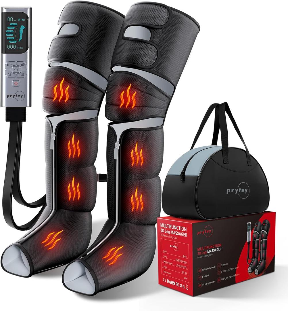 Pryfey Leg Massager with Heat and Compression, Foot Massager for Circulation and Pain Relief, 3 Timers, 12 Intensity, 6 Modes,3 Heating with Knee Massager,Mother's Day Gifts for Man Woman,Black