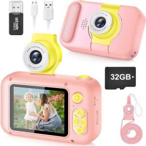 Kids Camera, Toddler Kid Digital Camera with 180Flip Lens & 2.4in IPS Screen, Birthday Festival Gifts Present Toy for 4 5 6 7 8 9 10 11 Year Old Girls/Boys, 32 GB Card Included, X101 (Pink)