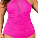 Aqua Eve Plus Size Swimsuit Women One Piece Swimsuit Tummy Control High Neck Bathing Suit Ruched Swimwear (Hot Pink) Size 18W