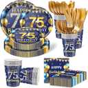 350PCS 75th Birthday Party Decorations for 50 Guests Blue and Gold Party Supplies for Men Include Disposable Paper Plates, Napkins, Cups, and Disposable Plastic Cutlery (75)