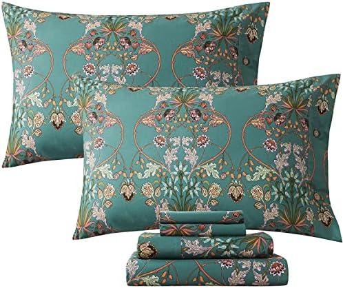 FADFAY California King Sheet Set Shabby Floral Vintage Bed Sheets Percale Cotton Chic Teal Blue Orange American Country Bedding Luxury Soft Breathable Bed Deep Pocket Fitted Sheet 4Pcs, Cal King