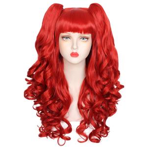 Long Curly Red Wig with Pigtails Red Ponytail Clip on Wig for Halloween Cosplay Party