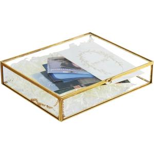 HighFree Gold Glass Photo Box - Vintage Photo Storage Organizer - Keepsake Display Box - Clear Jewelry Glass Box - Home Decor Box for Trinket Rings Bracelet (Large)