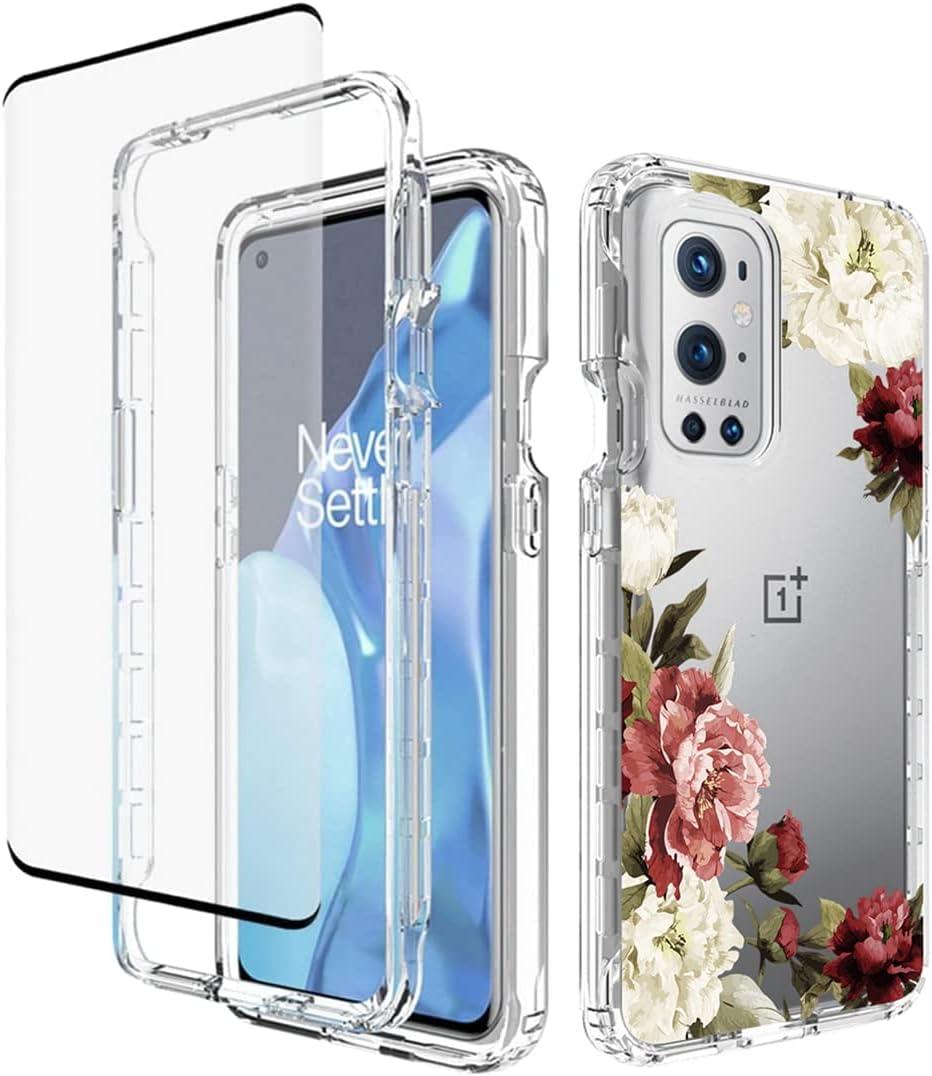 Case for OnePlus 9 Pro 5G LE2121 Case with Tempered Glass Screen Protector, Full Body Floral Design Protection Hard Shell+Soft TPU Bumper Shockproof Cover Case for OnePlus 9 Pro 5G (Flower)