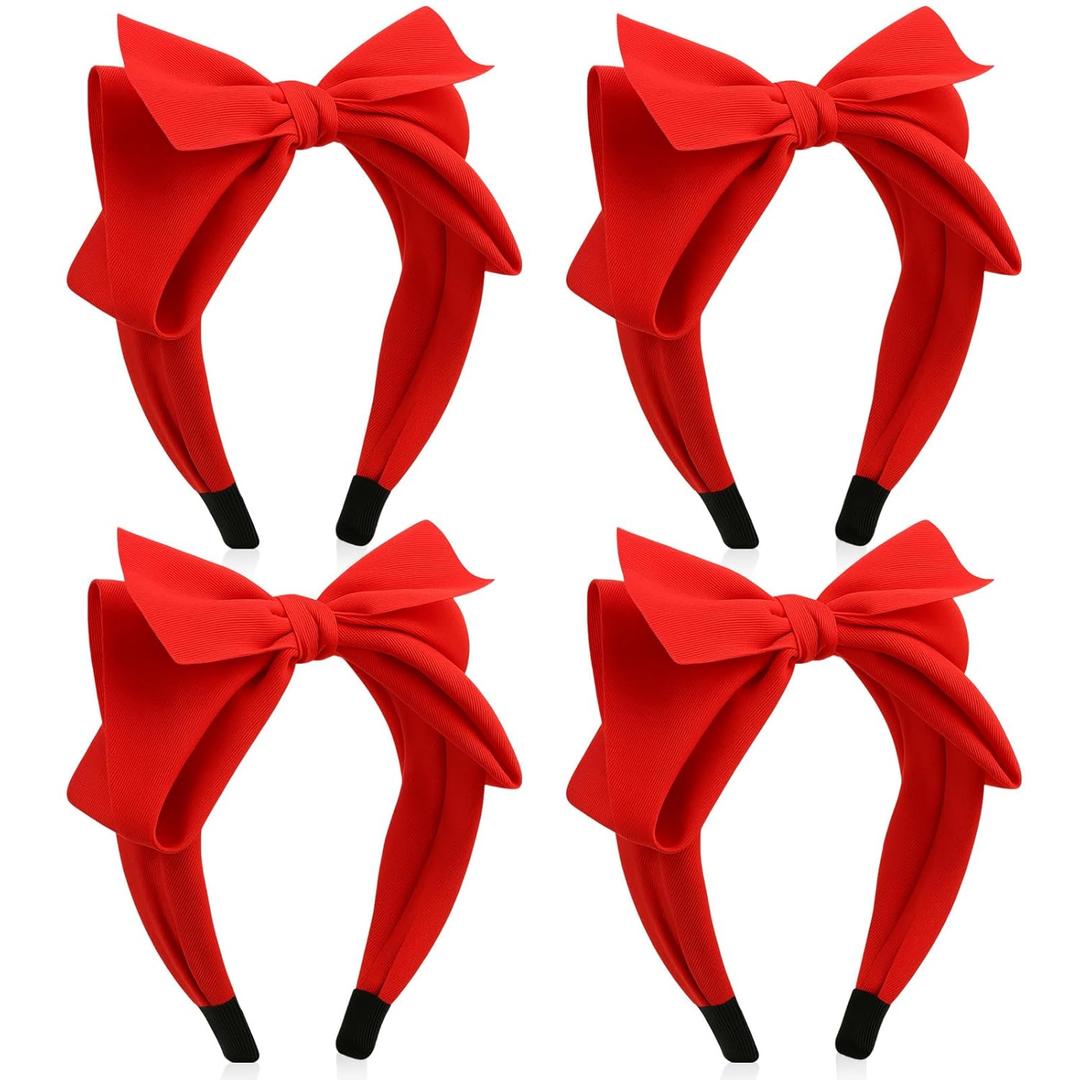 4 Pcs Christmas Headbands for Women Bow Headbands Red Green Pink Holiday Cute Big Bow Hair Hoops Hair Band Accessories Bulk for Christmas Women Girls Gifts (Red)