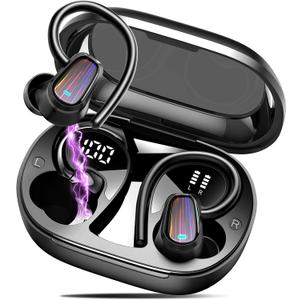 Wireless Earbuds, Bluetooth 5.4 Headphones Sport, Over Ear Buds with ENC Noise Canceling Mic, Deep Bass Stereo Earphones with Hook, 50H Playback, LED Display, IP7 Ear Buds for Workout Running, Black