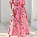 KIRUNDO Women Spring Summer Wedding Guest Boho Floral Maxi Dress Puff Sleeve Button Shirt V Neck Flowy Beach Vacation Dress(Pink, Small) (S)