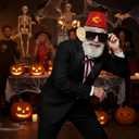 8 Pcs Halloween Old Man Costumes Accessories, Red Fez Hat, Gray Beard Eyebrow, Black Square Glasses, Fake Ears, Long Silk Bow Tie for Halloween Men Cosplay Dress up