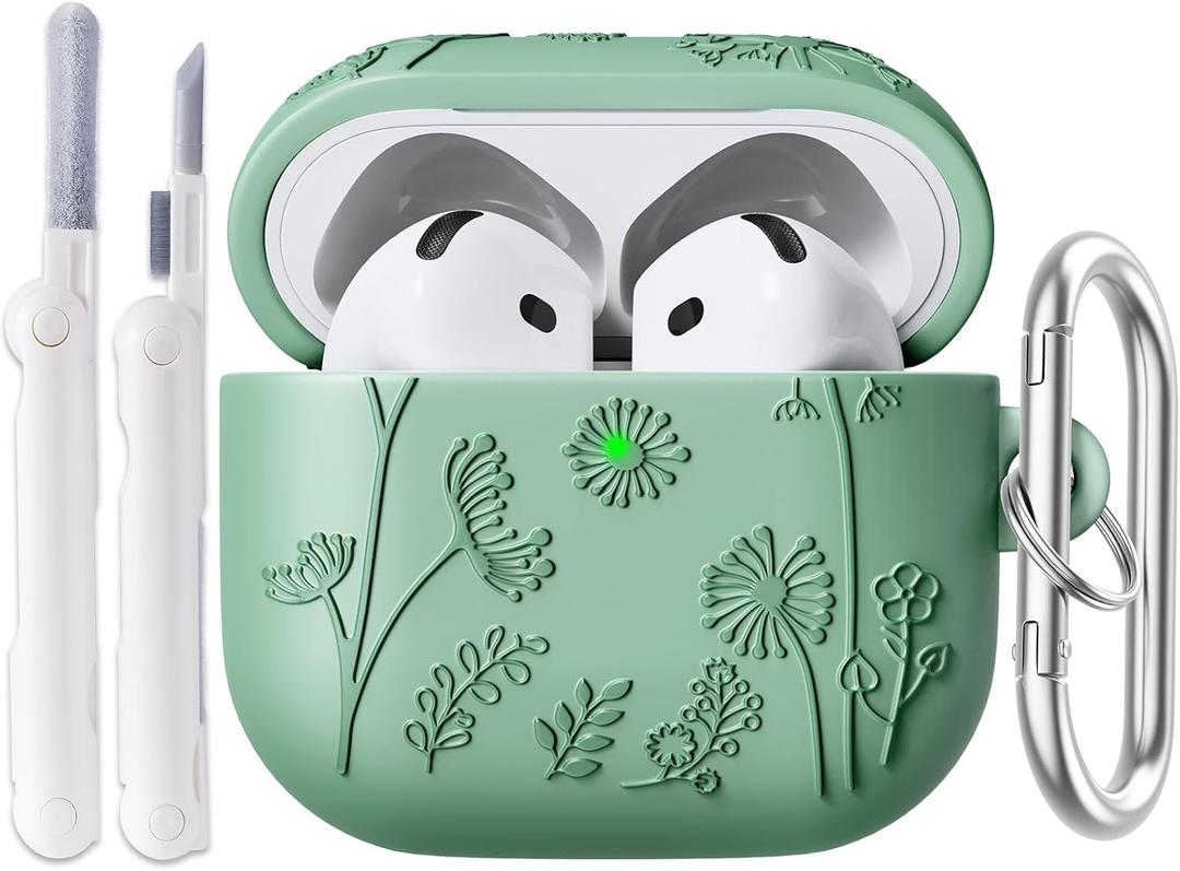 Compatible with Airpods 4 Case, 3D Floral Embossed Soft Silicone Shockproof Protective Cover with Keychain for Airpods 4th Generation Men Women(Cactus Green)