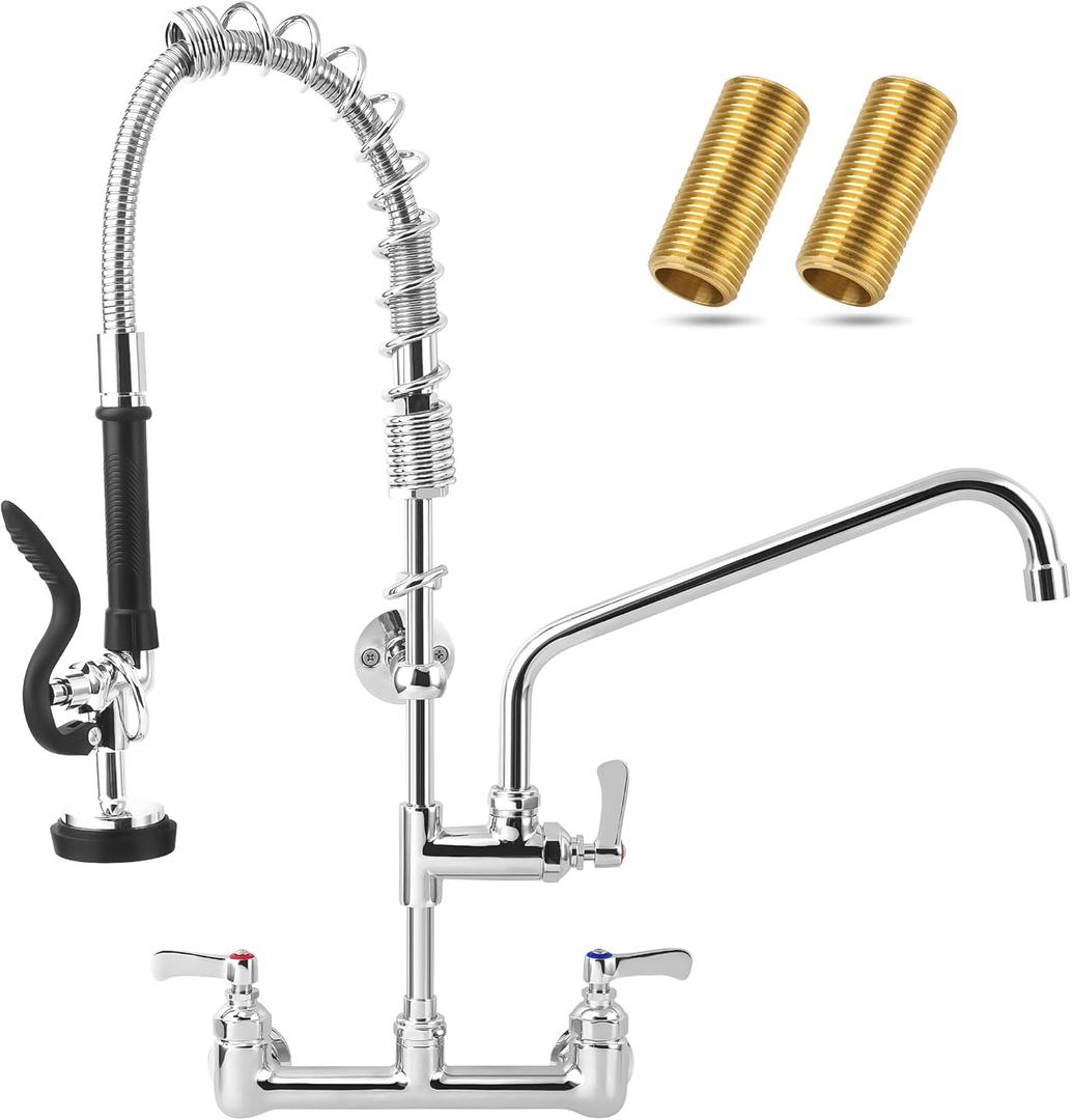 Commercial Sink Faucet - 25" Height Wall Mount With Pre-Rinse Sprayer - 8" Adjustable Center and 12" Add-on Swing Spout, Kitchen Faucet With Pull Down Spray (Chrome)
