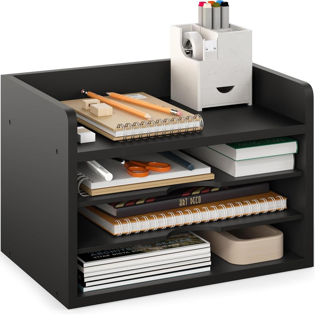 Ballucci File Organizer, 4-Tier Office Desk Organizer, Open Top Wood Paper Organizer for Classroom, Desktop Mail Sorter Paper Tray, Black