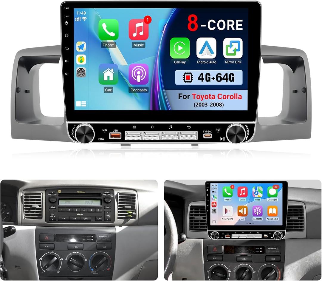 4+64G Upgrade Car Radio for Toyota Corolla 2003 2004 2005 2006 2007 2008 with Carplay Android Auto 10.1" Touch Screen for Corolla Stereo with GPS Navi WiFi GPS BT FM SWC + MIC + Backup Camera