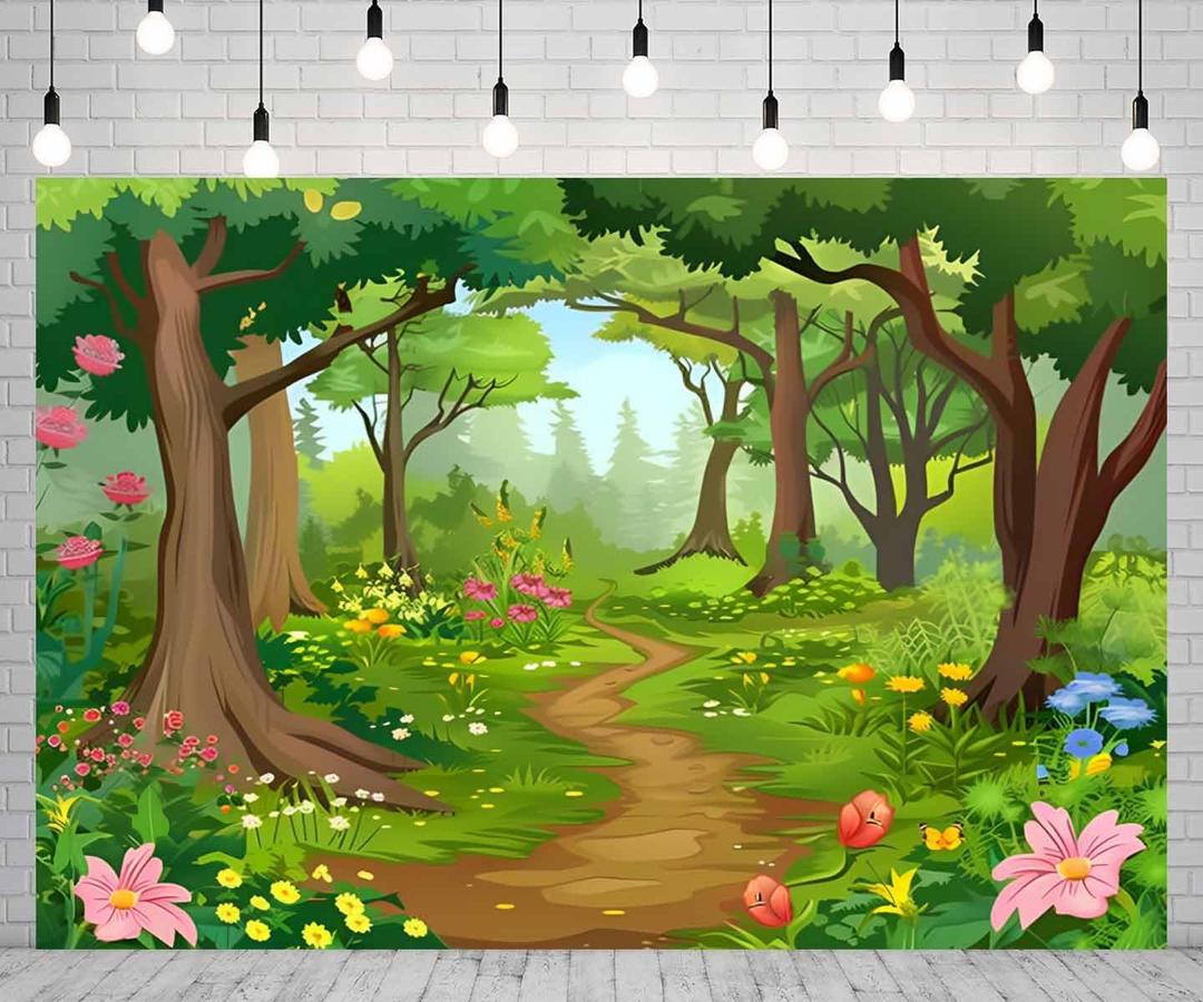 7X5 Fabric Cartoon Forest Backdrop Fairytale Green Forest Flowers Wonderland Photography Backdrop for Baby Shower Kids Birthday Party Decor Photo Studio Props
