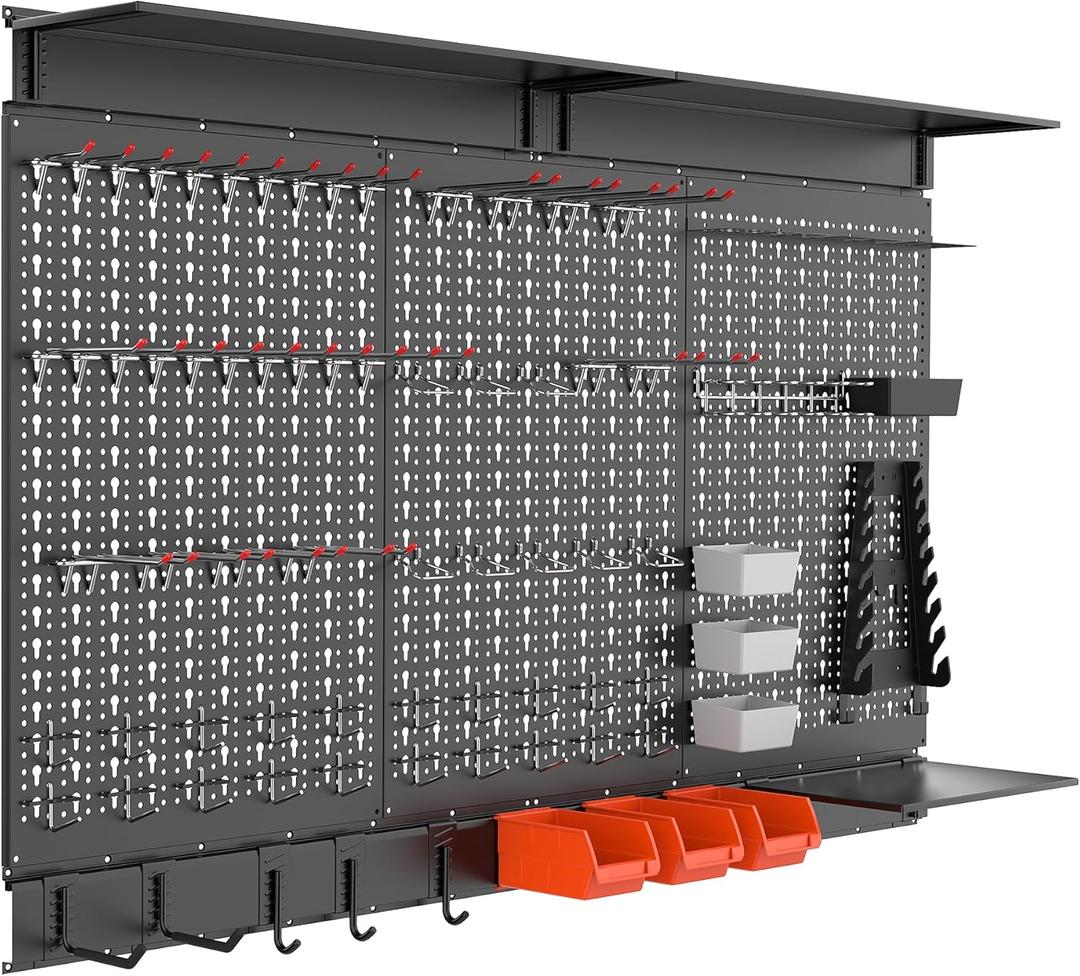 113PCS Pegboard Wall Organizer Kit with Pegboard Hooks, Bins, Shelves, Pegboard Tools Storage System for Garage, Workbench, Modular Peg Board Tool Organizer Board with Hooks(Black)