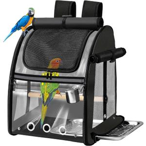 SUERTREE Bird Carrier Bag with Indestructible Stainless Steel Mesh, Bird Travel Cage with Stand, Easy to Clean Backpack for Parrot, Portable Bird Travel Bag, Black