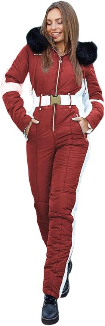 Yousify Womens Snow Suits Winter Ski Suit Onesie Outdoor Sports Waterproof Snowsuit Removable Faux Fur Collar Coat Jumpsuit (Small, 06-wine Red)