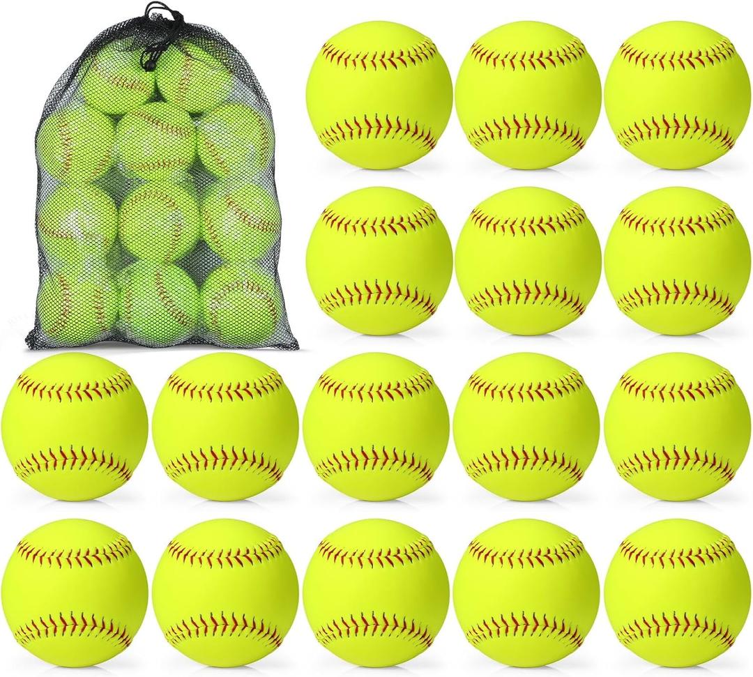 Lewtemi 16 Pack Yellow Sports Practice Softballs Official Size and Weight Slowpitch Softball with 1 Mesh Bag Unmarked Leather Covered Youth Fastpitch Softball Ball for Games Practice Training