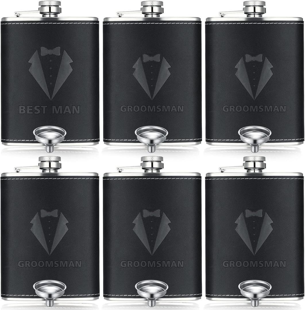 Rtteri Groomsman Gifts Set of 6 Flask for Men 8 oz Groomsman Proposal Gifts Stainless Steel Tuxedo Hip Flask Bachelor Party Favors for Wedding Proposal