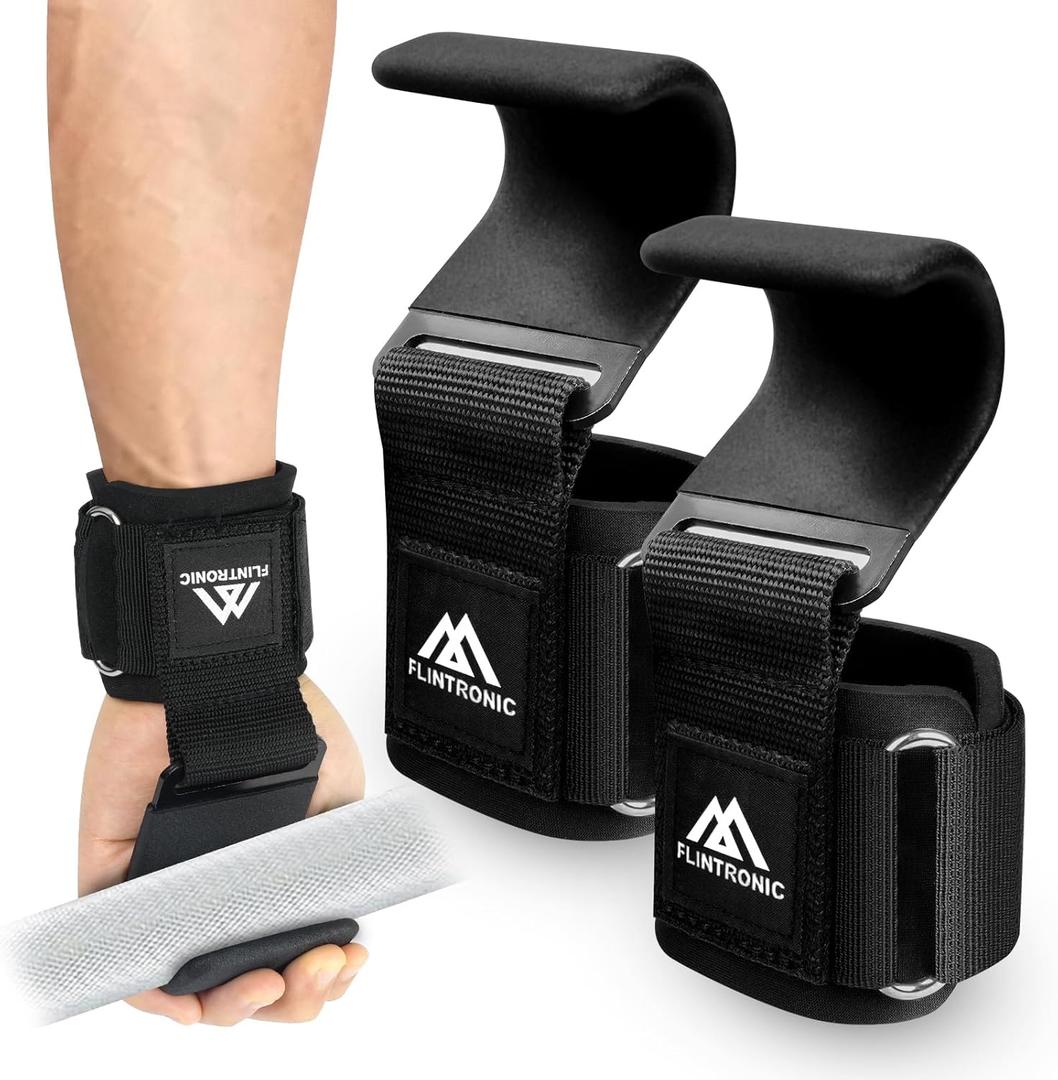 Flintronic Weight Lifting Hooks, Unisex Non-Slip Rubber Coated Grips, 8mm Neoprene Wrist Support, Gym Training, Powerlifting, Deadlift