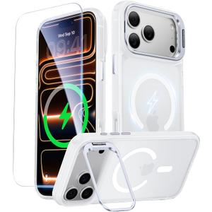 for iPhone 17 Pro Case with Stash Lens Stand and 9H Screen Protector, Compatible with MagSafe, Military-Grade Drop Protection Phone Case for iPhone 17 Pro, 360 Full Protection, Frosted Clear